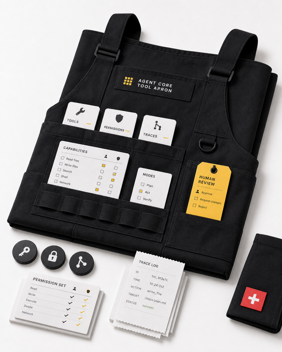 Folded black utility apron with tool cards, permission tokens, trace slips, and review tags