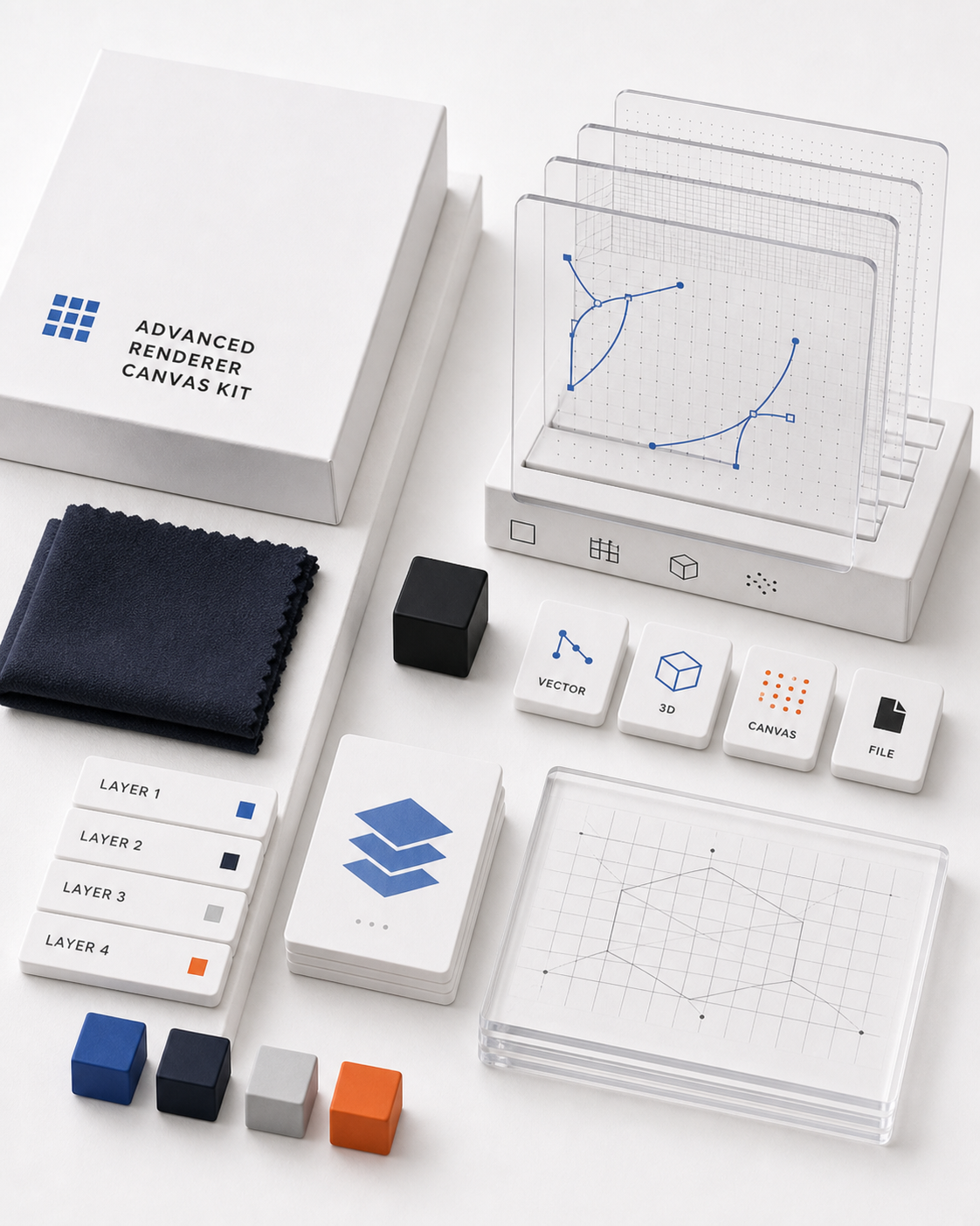 Advanced renderer kit with transparent grid layers, a 3D cube, layer tokens, and folded canvas fabric.