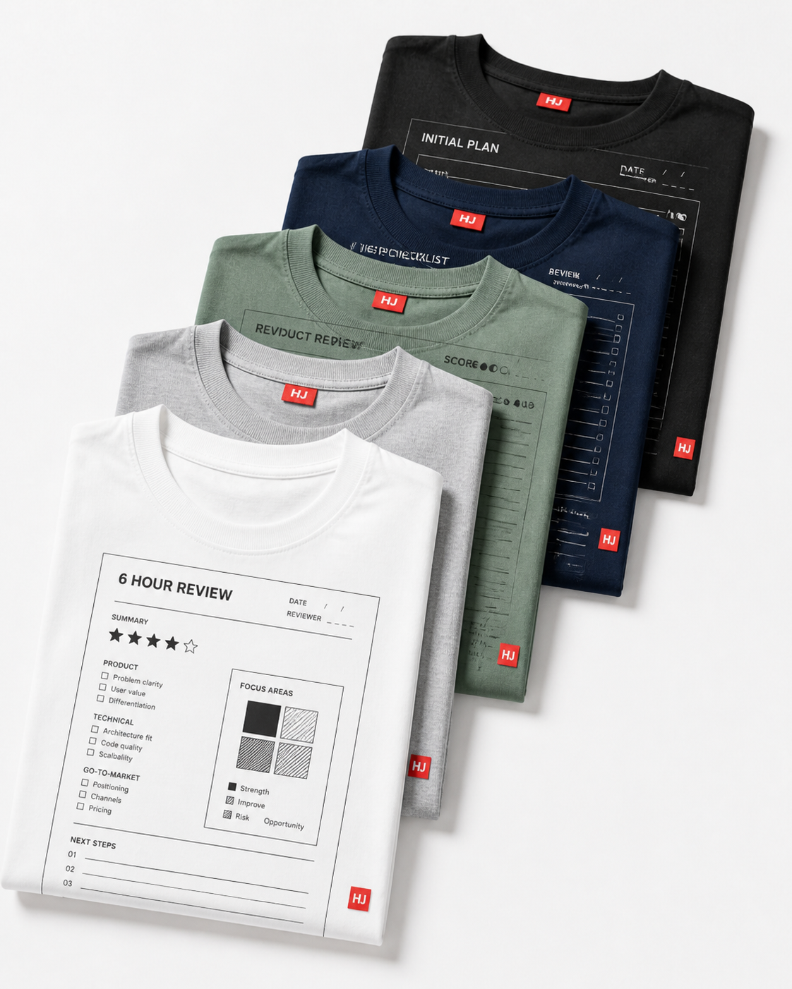 Folded shirts arranged in a clean product stack with printed 2-hour review sheets