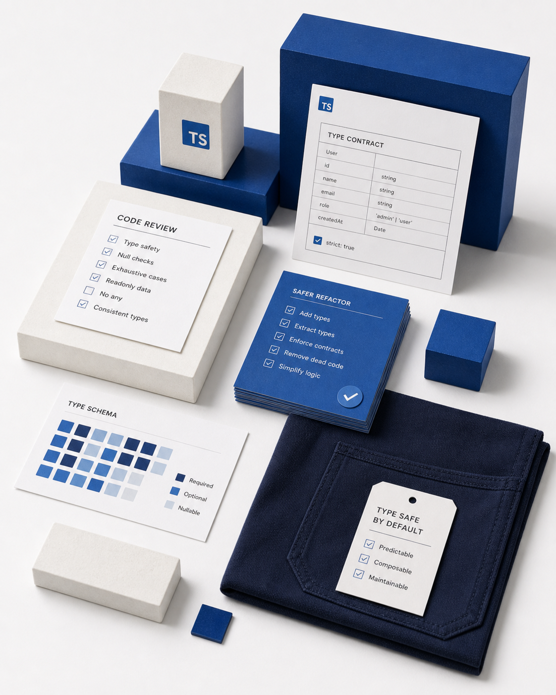 Strict TypeScript contract kit with blue blocks, schema cards, and folded navy fabric