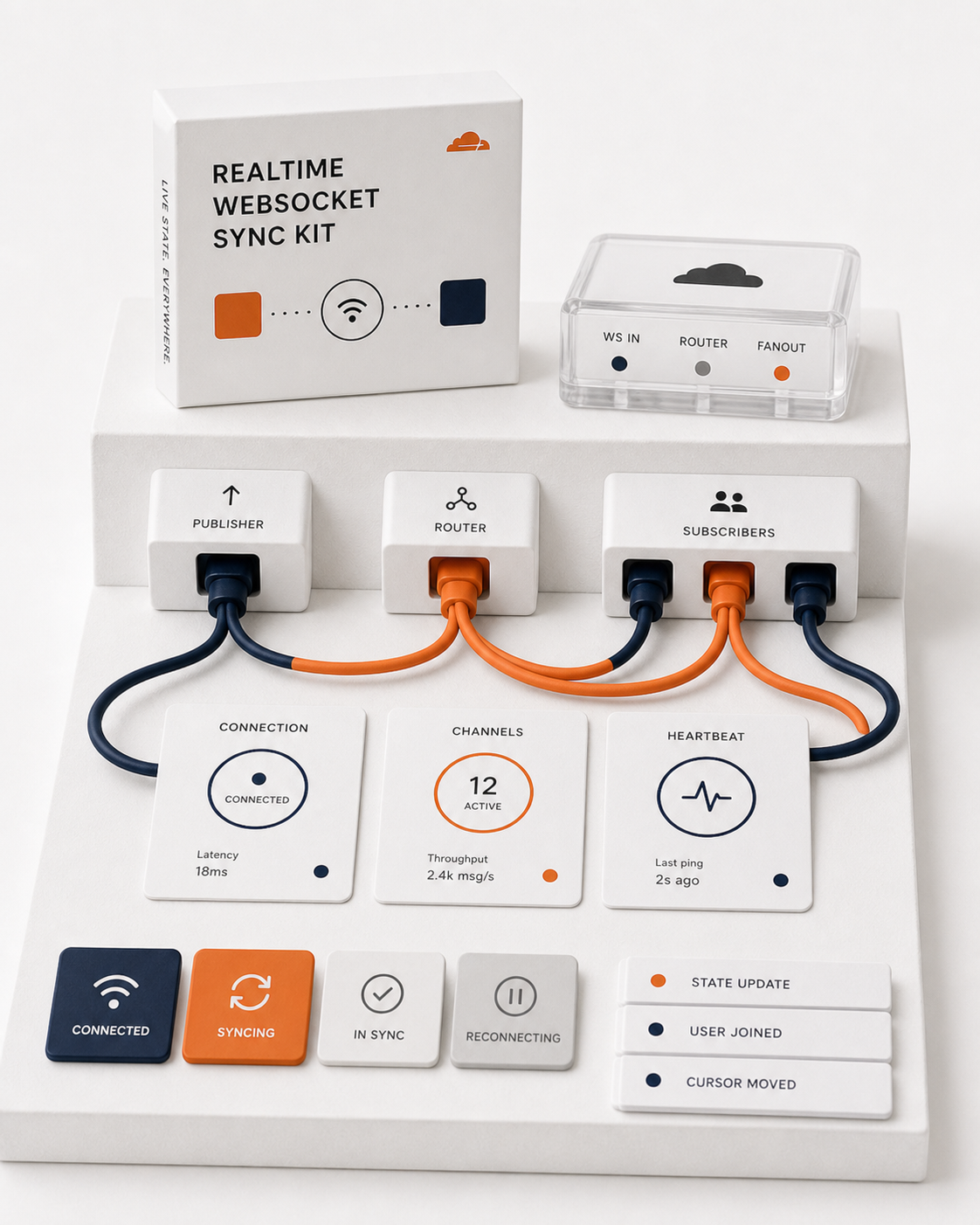 White realtime sync kit with navy and orange patch cables, status cards, and sync-state tiles.