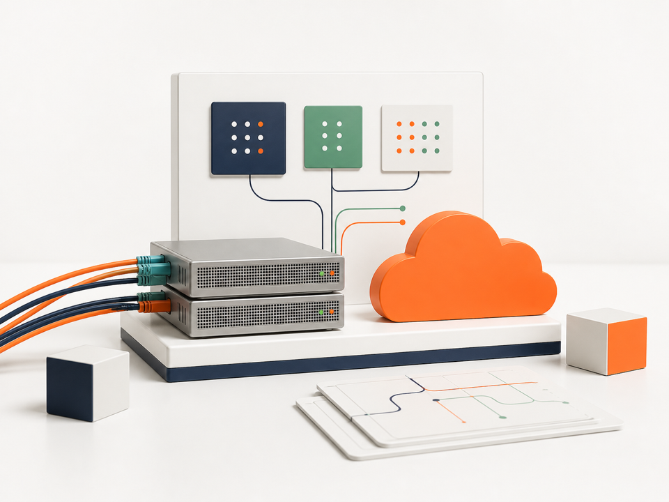 Transparent Cloudflare edge block with navy system panel, orange cloud mark, cubes, cables, and a white plinth surface