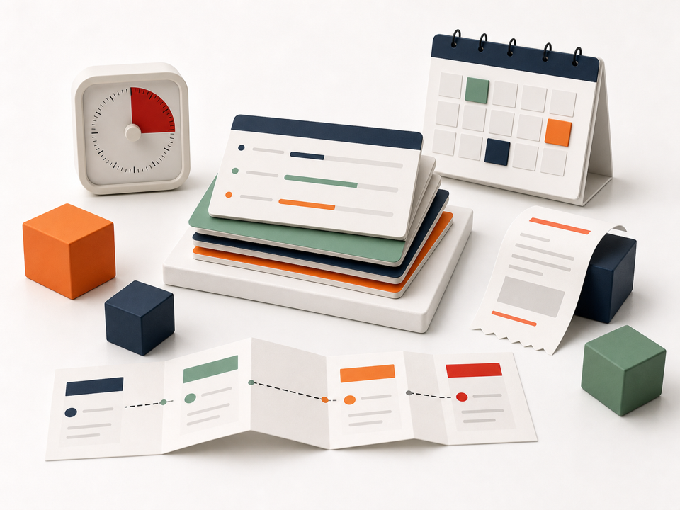 Transparent two-hour strategy time block with calendar card, clock, cubes, and a white plinth surface
