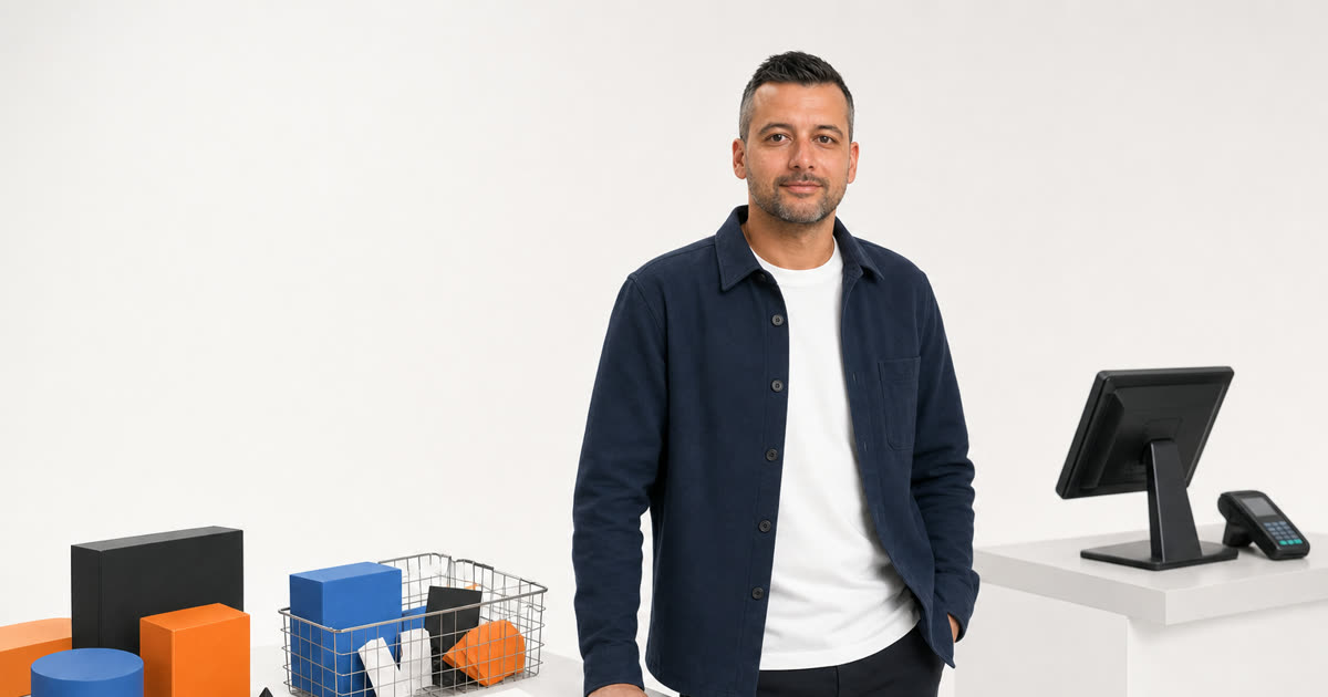 Jalil standing in a clean studio with a checkout counter and product blocks
